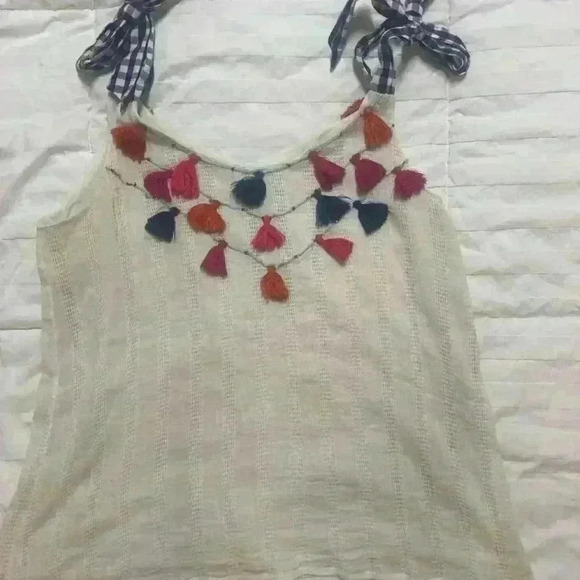 THML Multi Colored Tassel Cream Tank Blue Gingham Ribbon Ties size Small - Picture 7 of 10